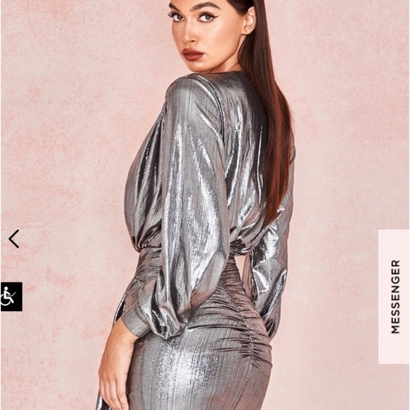 House of CB ALVONA METALLIC SILVER DRAPE MINI DRESS - Picture 6 of 16